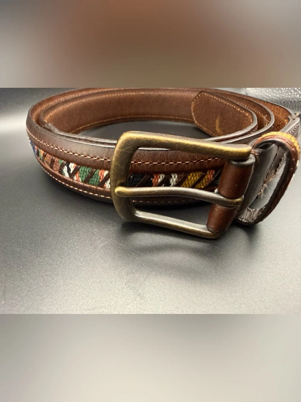 Columbia Brown Leather Belt with Multicolor Woven Accent